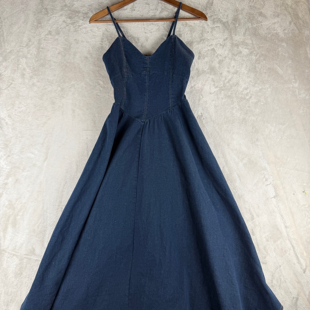 Dark Wash Denim Corset Midi Dress Smocked Back Fit & Flare Blue